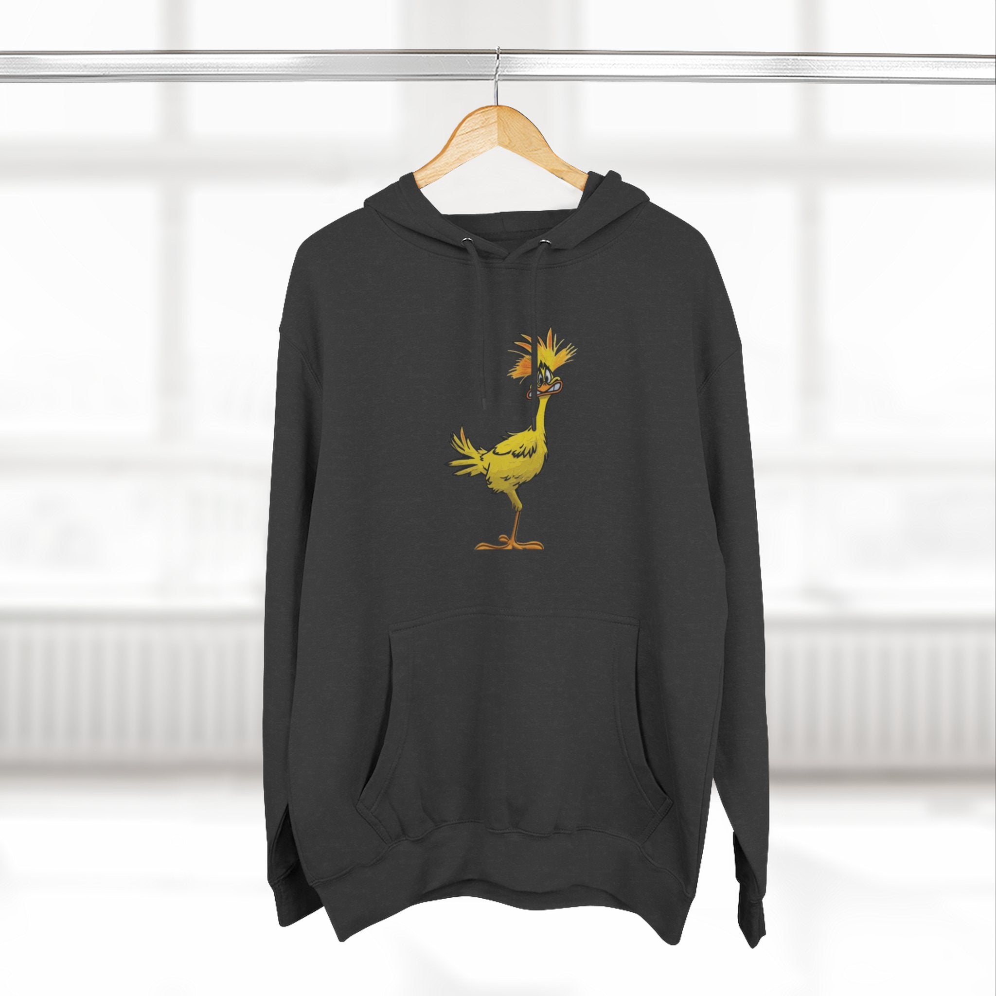 Funny Yellow Bird Hoodie — Whimsical Cartoon Chick Graphic Fleece Pullover
