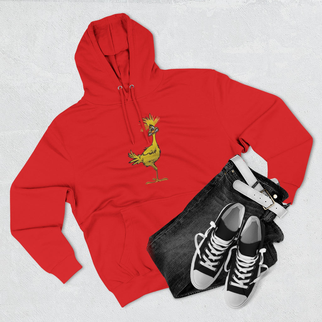 Funny Yellow Bird Hoodie — Whimsical Cartoon Chick Graphic Fleece Pullover