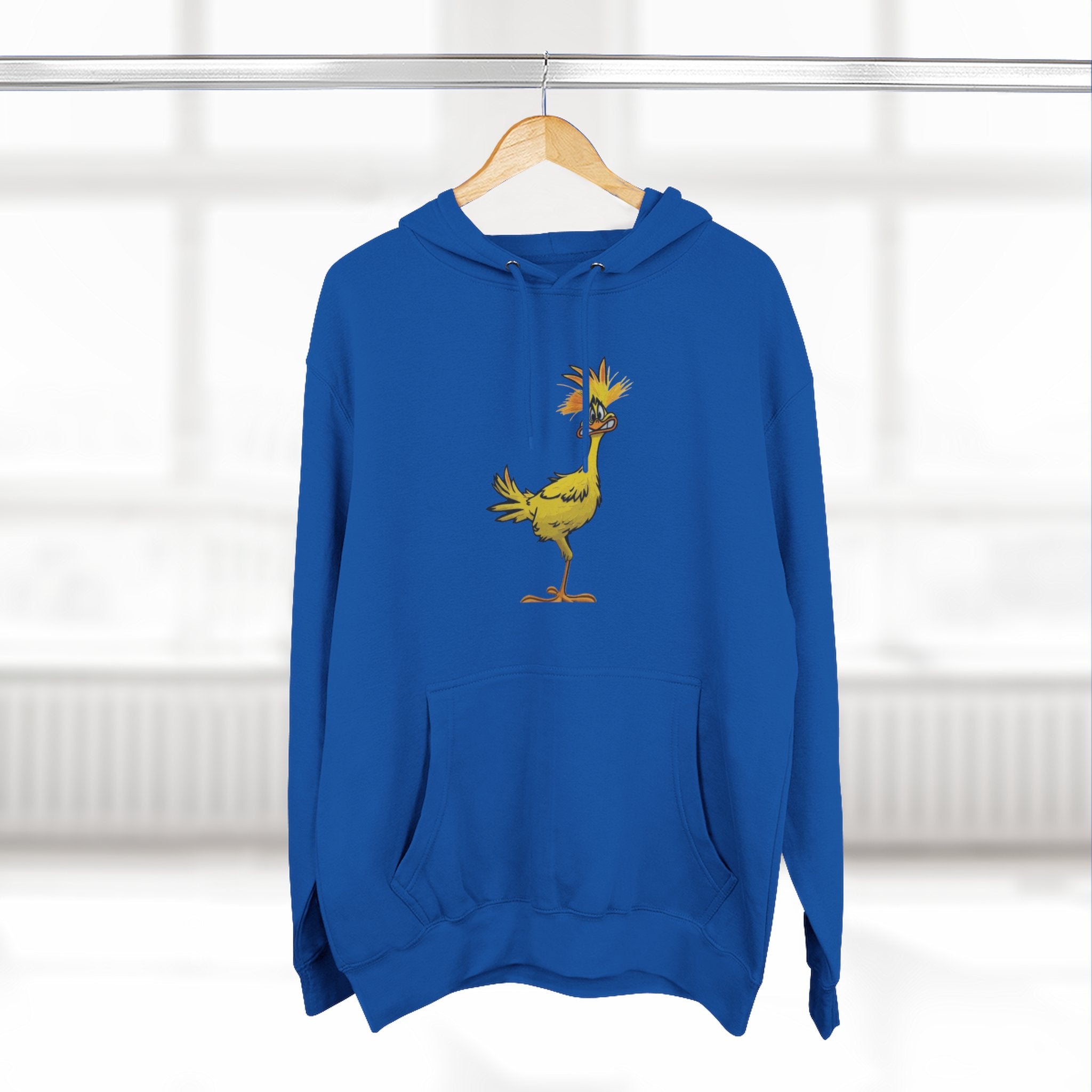 Funny Yellow Bird Hoodie — Whimsical Cartoon Chick Graphic Fleece Pullover