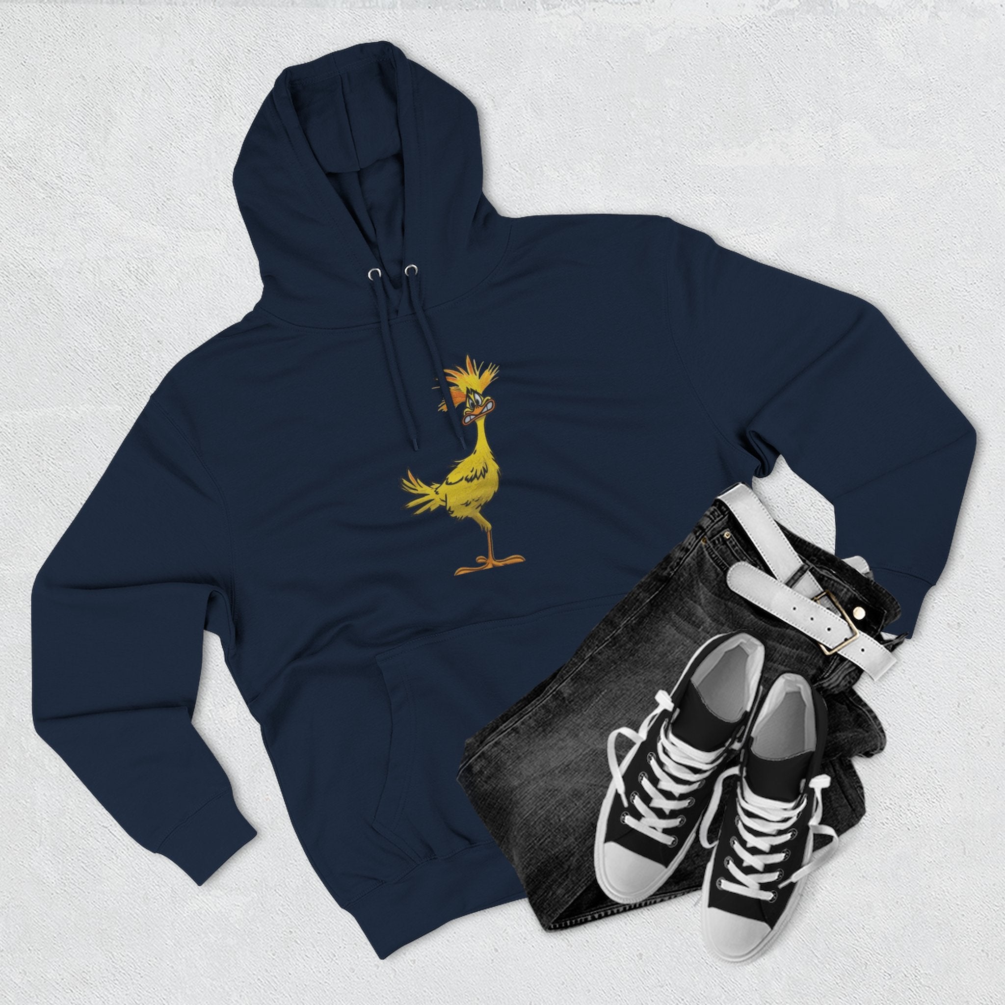 Funny Yellow Bird Hoodie — Whimsical Cartoon Chick Graphic Fleece Pullover