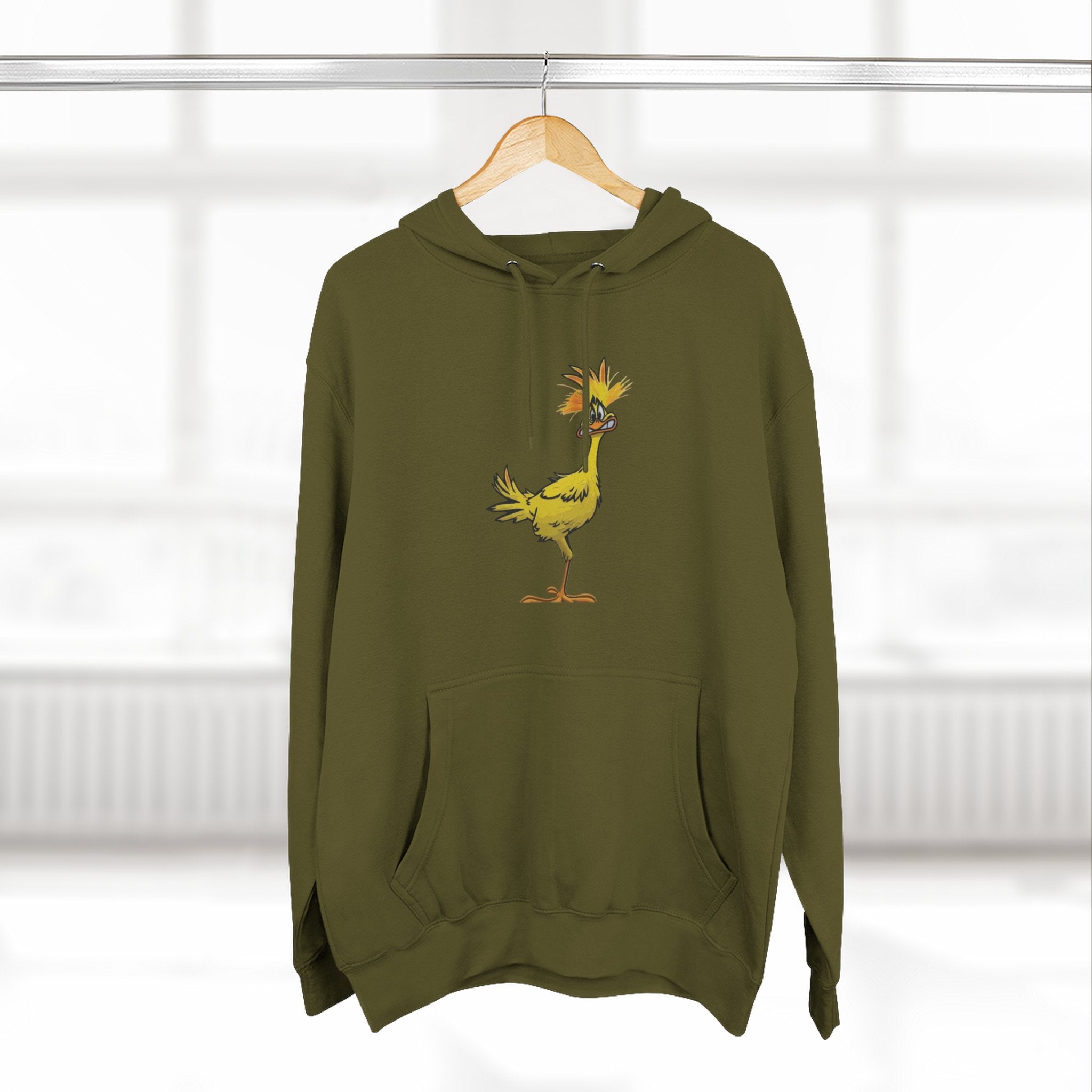 Funny Yellow Bird Hoodie — Whimsical Cartoon Chick Graphic Fleece Pullover