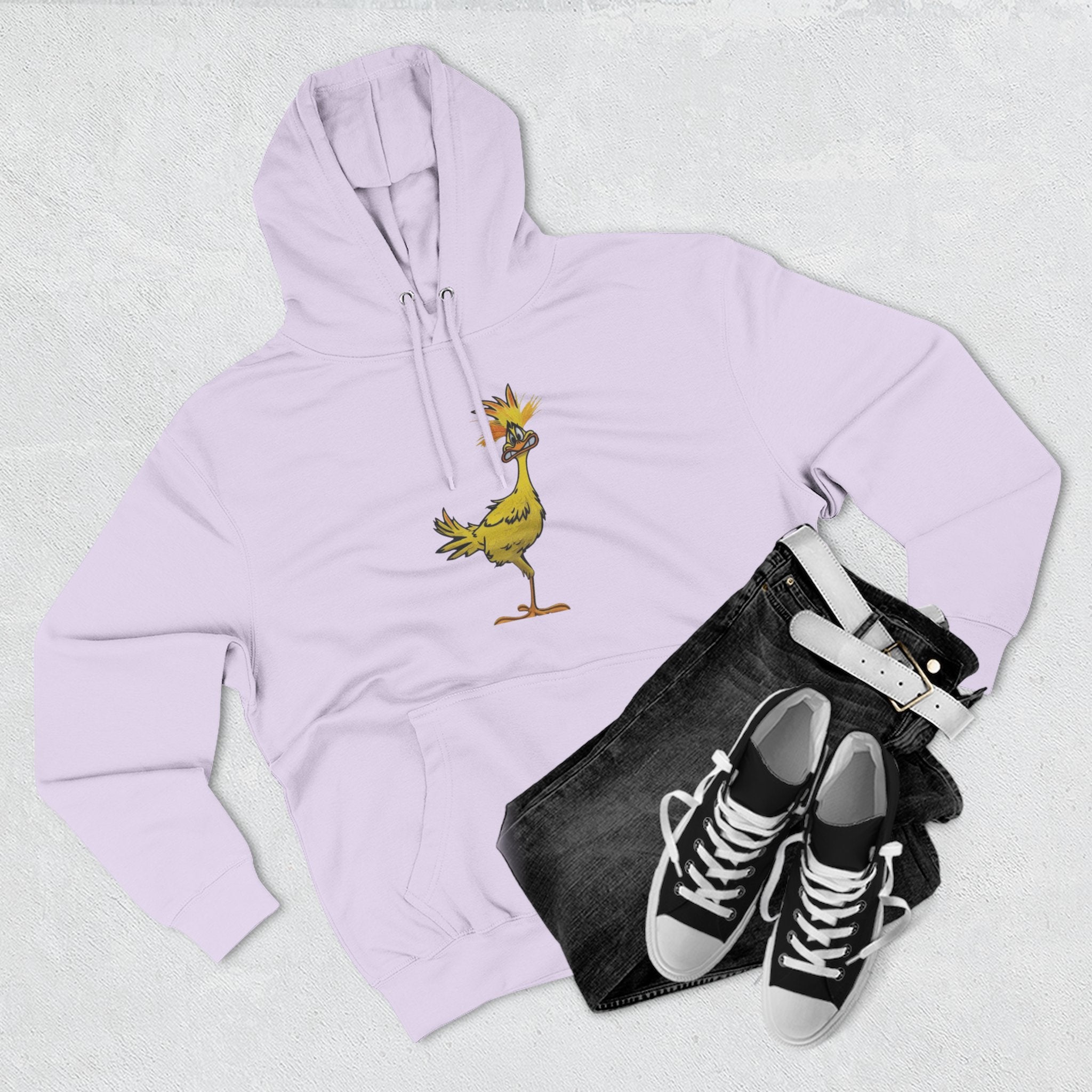 Funny Yellow Bird Hoodie — Whimsical Cartoon Chick Graphic Fleece Pullover
