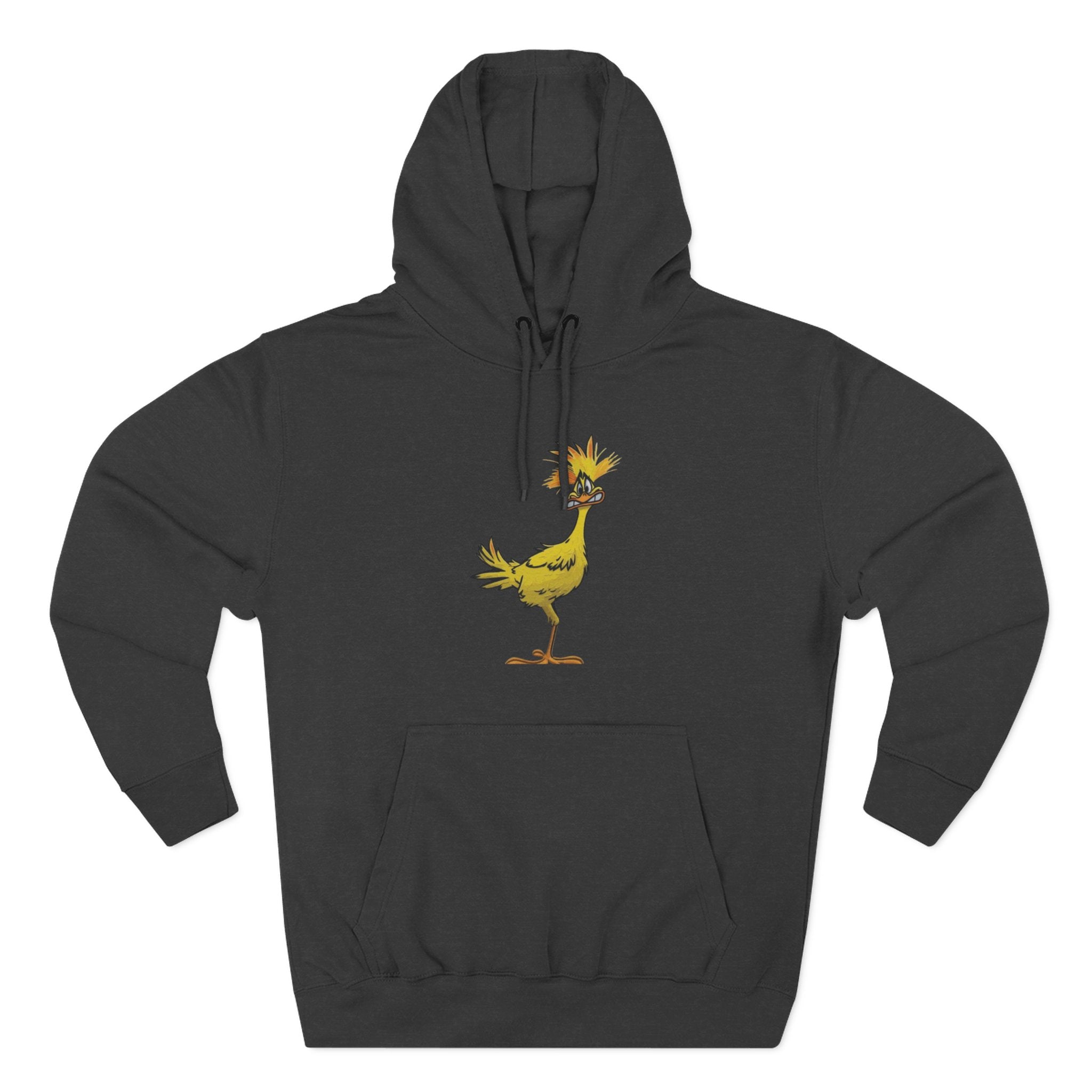 Funny Yellow Bird Hoodie — Whimsical Cartoon Chick Graphic Fleece Pullover