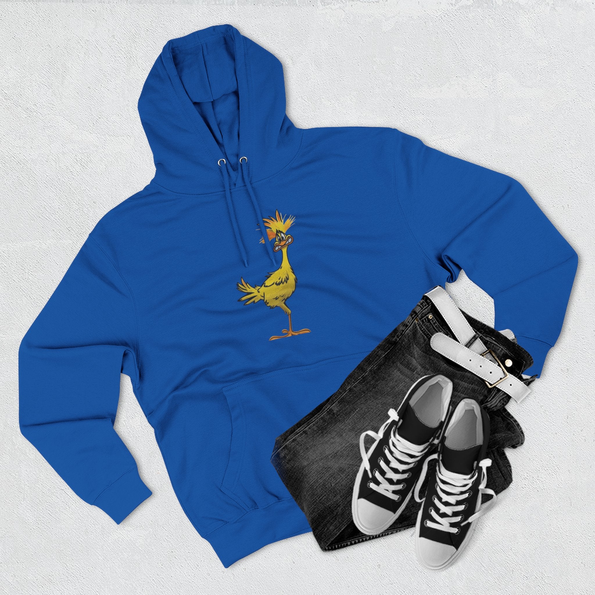 Funny Yellow Bird Hoodie — Whimsical Cartoon Chick Graphic Fleece Pullover