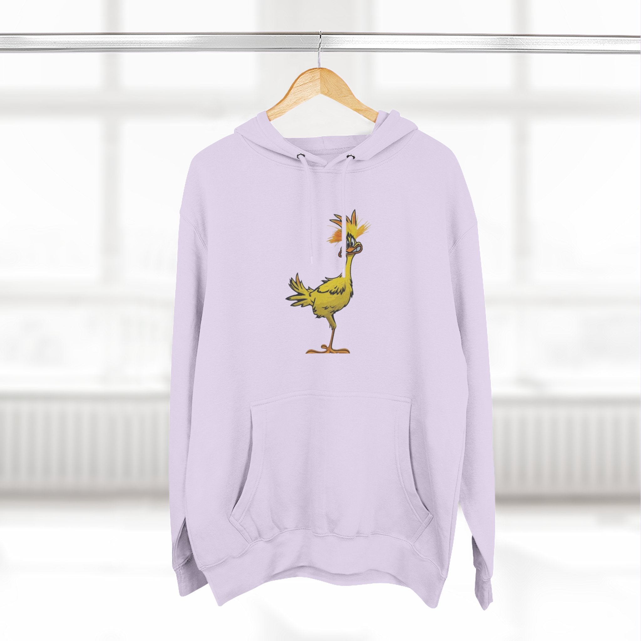 Funny Yellow Bird Hoodie — Whimsical Cartoon Chick Graphic Fleece Pullover