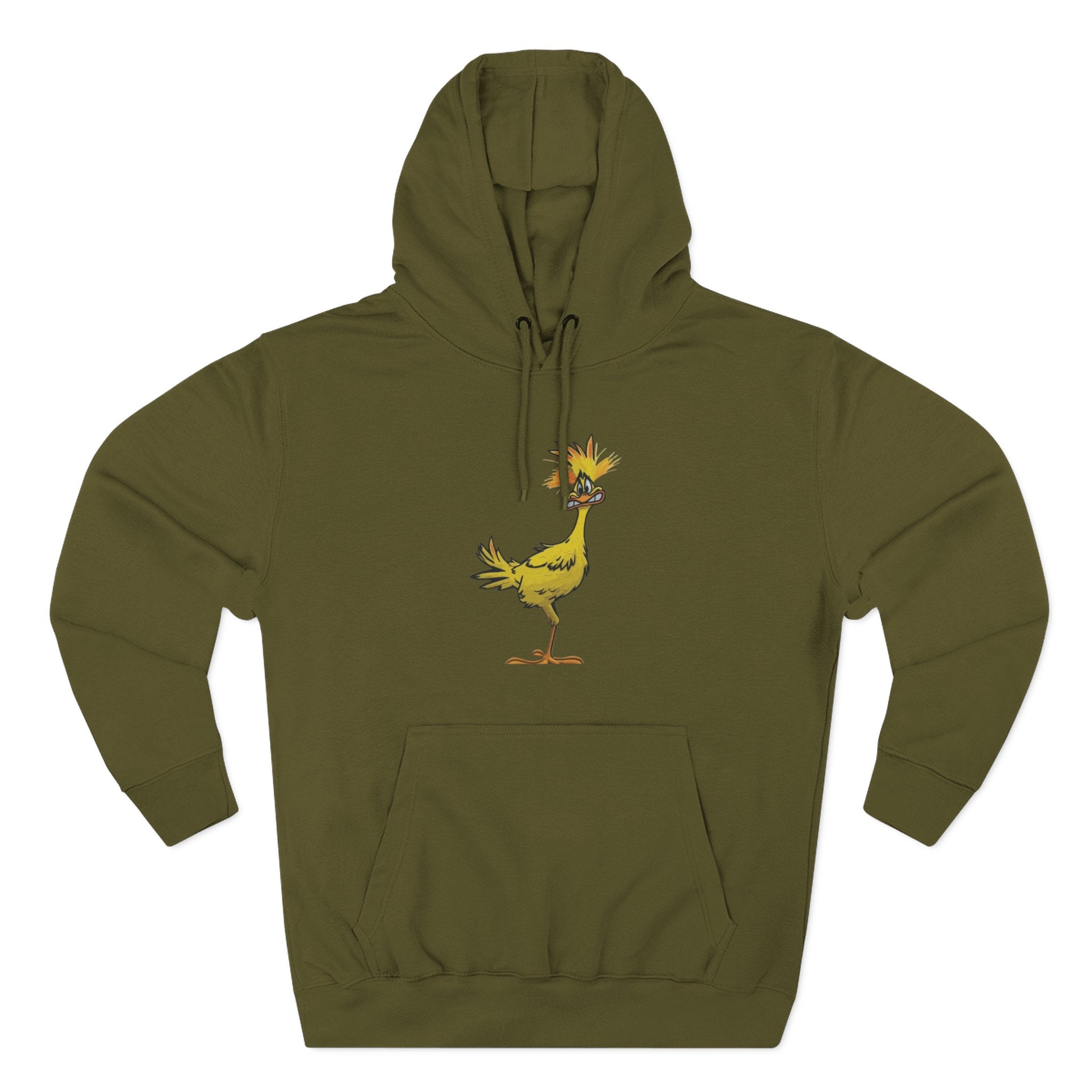 Funny Yellow Bird Hoodie — Whimsical Cartoon Chick Graphic Fleece Pullover