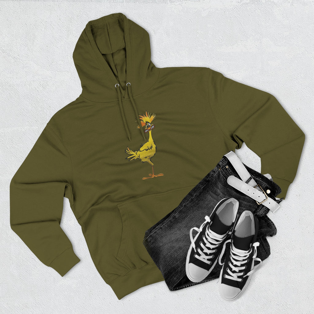 Funny Yellow Bird Hoodie — Whimsical Cartoon Chick Graphic Fleece Pullover