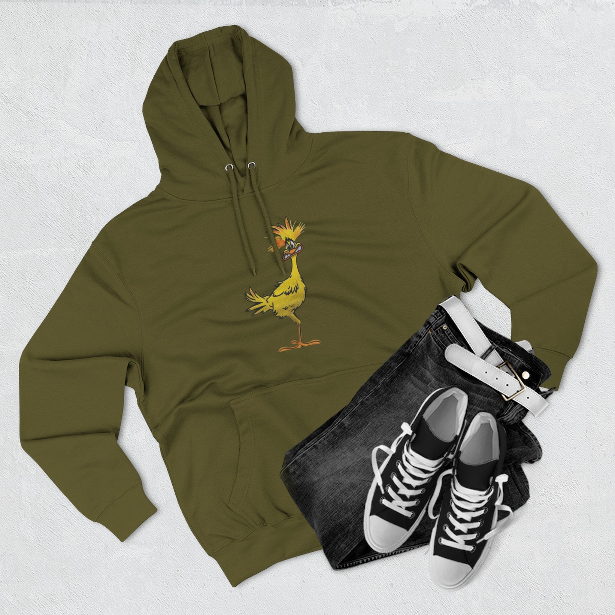 Funny Yellow Bird Hoodie — Whimsical Cartoon Chick Graphic Fleece Pullover