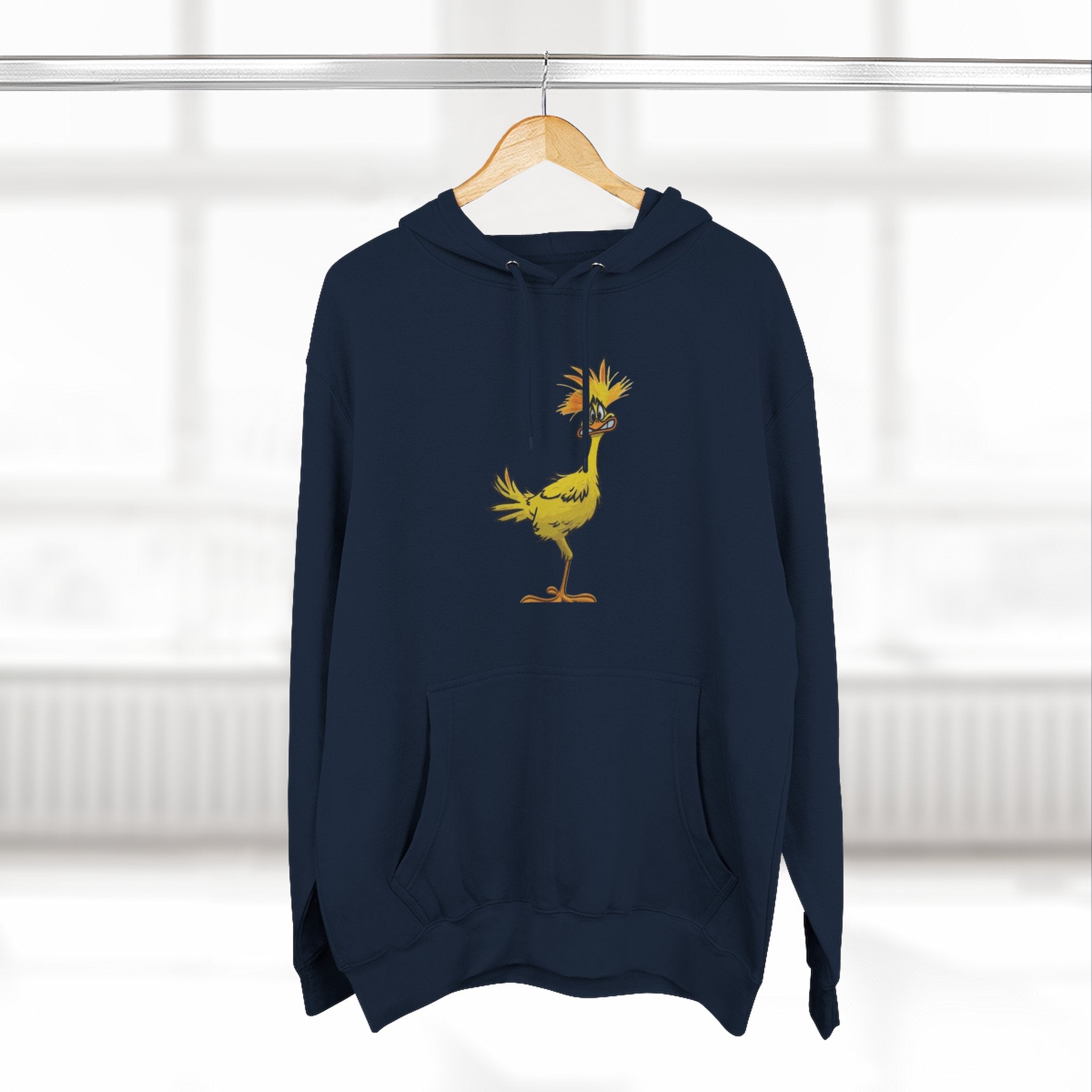 Funny Yellow Bird Hoodie — Whimsical Cartoon Chick Graphic Fleece Pullover