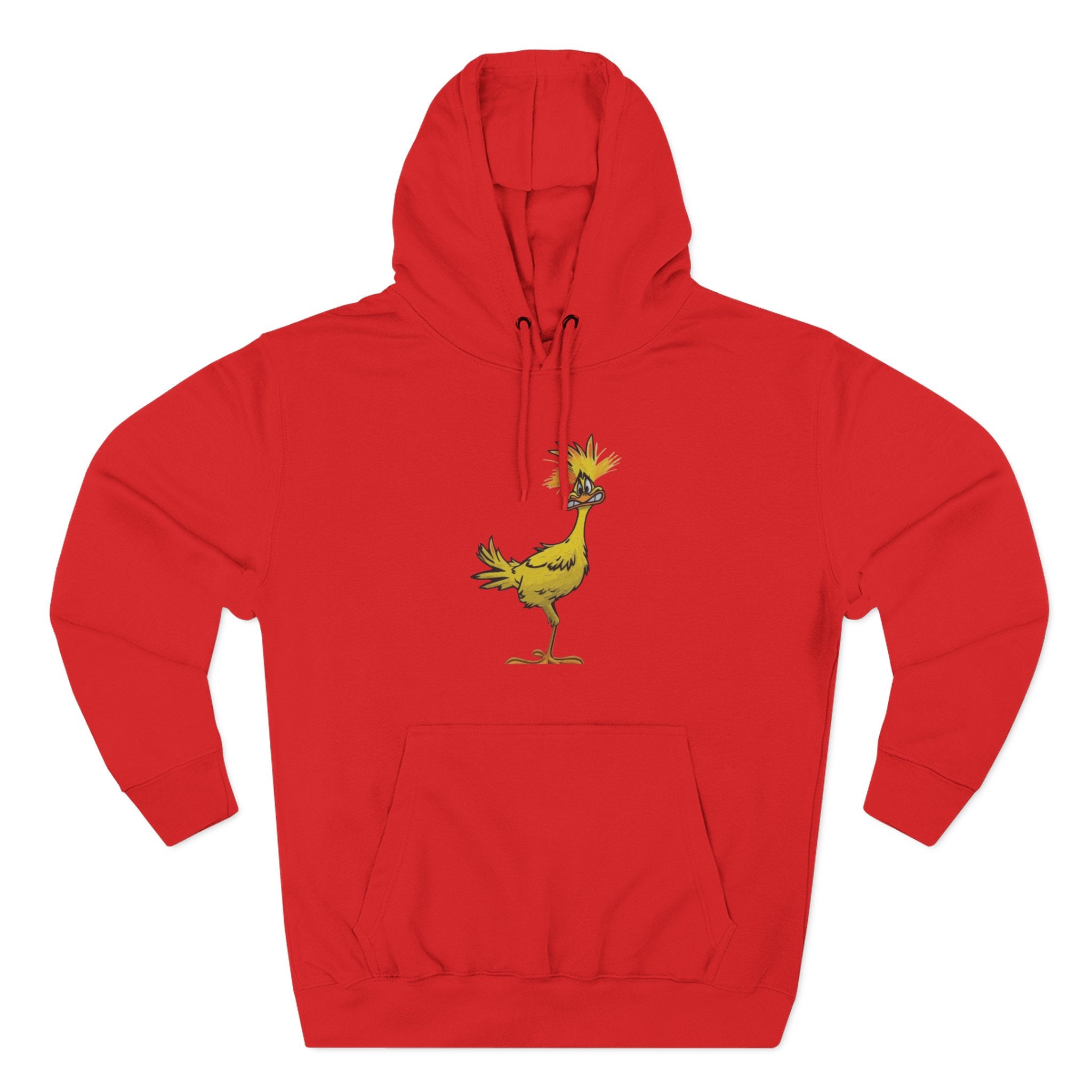 Funny Yellow Bird Hoodie — Whimsical Cartoon Chick Graphic Fleece Pullover