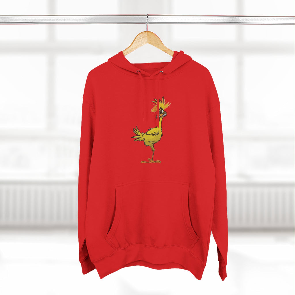 Funny Yellow Bird Hoodie — Whimsical Cartoon Chick Graphic Fleece Pullover