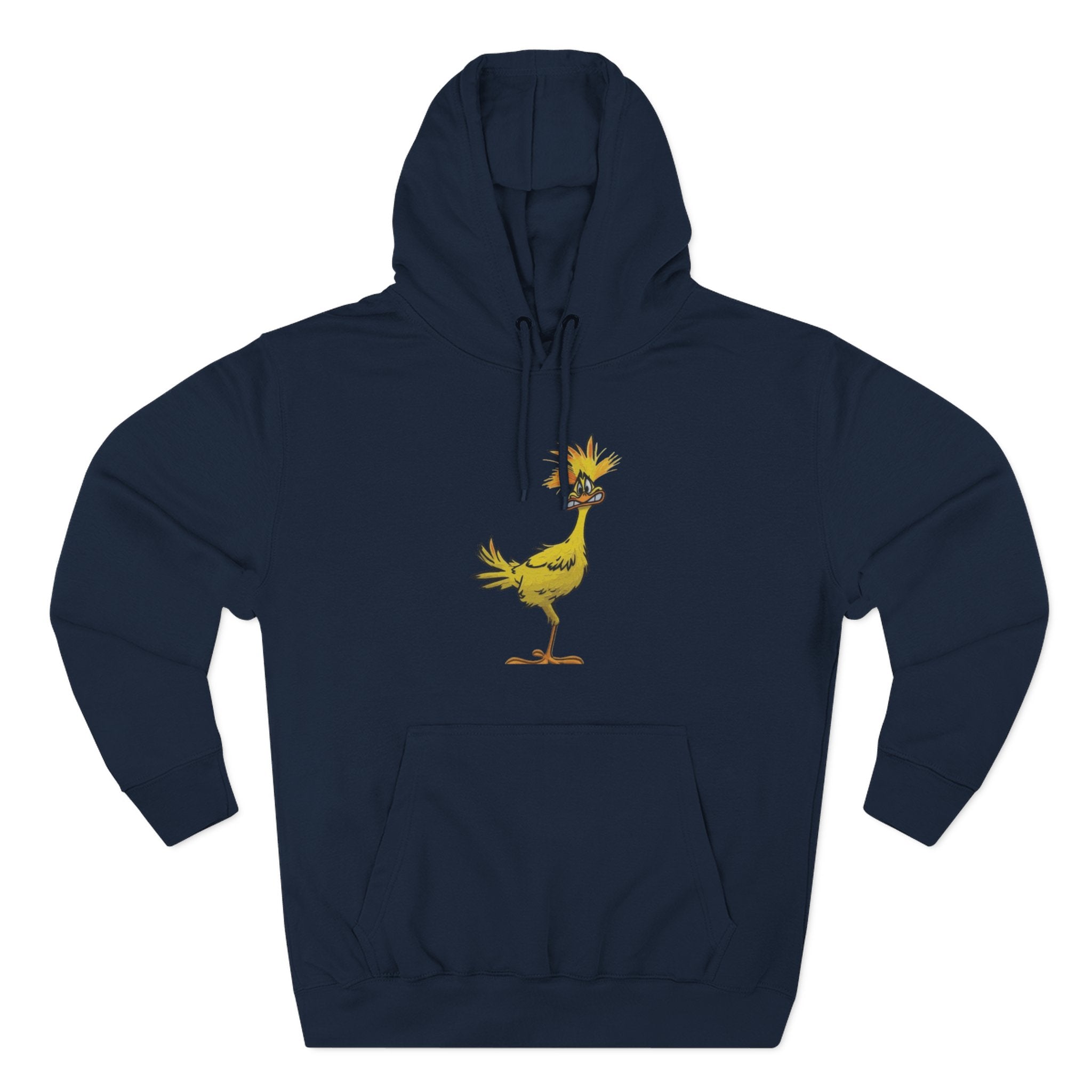 Funny Yellow Bird Hoodie — Whimsical Cartoon Chick Graphic Fleece Pullover