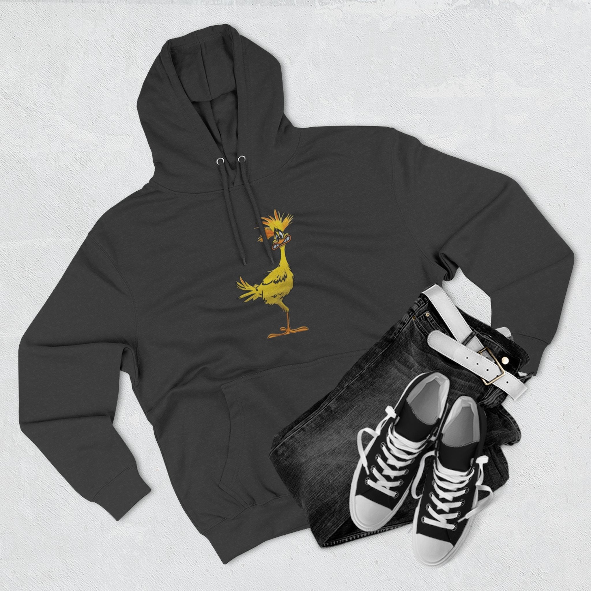 Funny Yellow Bird Hoodie — Whimsical Cartoon Chick Graphic Fleece Pullover